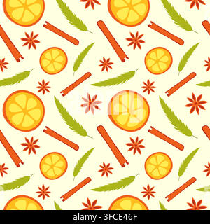 Piece of orange, cinnamon, Christmas tree. Seamless Christmas spice pattern. Citrus, star anise, cinnamon stick. New Year holiday print. Coniferous br Stock Vector