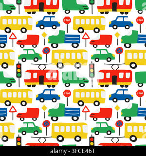 Road pattern - cars, traffic lights, road signs. Child drawn. Bus, sedan, truck. Public and personal transport. Side view. Regulation. Driving around Stock Vector