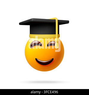 Smiling emoji face with graduation cap 3d Stock Vector