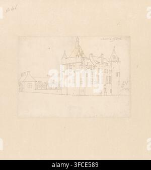 Hedel Castle, drawing, draftsman (artist): Cornelis Pronk, 1701 - 1759, draftsman (artist), materials by function, paper, ink, pencil, pen, pen in grey, height 145 mm x width 202 mm, castle, Hedel., A faint pencil sketch of a large building complex appears centered on a pale, textured sheet; the drawing shows a tall multi-story structure with steep roofs, small towers with conical tops, chimneys, rectangular windows, and an attached lower wing with arched openings and a pediment, flanked by a smaller house with a pitched roof on one side and a round tower with a conical roof on the other, all Stock Photo