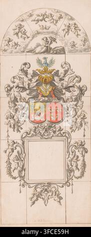 Design for stained glass window seven in church at Oudshoorn, drawing, design, vidimus, Abundance surrounded by putti, in the center the alliance coat of arms of Laurens Buysero van Dussen Muilkerk and Elisabeth de Vlaming van Oudshoorn., draftsman (artist): Pieter Jansz, draftsman (artist): Jan de Bray, 1663 - 1667, draftsman (artist), materials by function, paper, ink, pen, brush, pen in brown, brush in colors, height 552 mm x width 228 mm, rose-window, Abundance, 'Abondanza', 'Abondanza maritima' (Ripa) (+ abstract concept represented by female figure)., A tall vertical drawing showing an Stock Photo