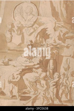 Historia writing in her journal, assisted by Prudentia and Chronos, drawing, assisted by Prudentia and Chronos. In the foreground putti with a money bag, cornucopia with fruit, hunting loot and a full fishing net. Top left a double portrait with two coats of arms., draftsman (artist): attributed to Philip Tidemann, 1667 - 1705, draftsman (artist), Attributed to, mineral, inorganic material, paper, graphite (mineral), chalk, brush, black chalk or graphite, brush in brown, washed drawing, height 366 mm x width 259 mm, Prudence, 'Prudentia', 'Prudenza' (Ripa), one of the Four Cardinal Virtues., A Stock Photo