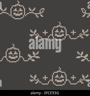 Gothic cross stitch Halloween seamless pattern. Boho embroidery folk art texture. Repeatable pumpkin and vine garland motif on dark backdrop for digit Stock Vector