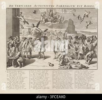 The Confused Actionists, Tower Building to Babel, Confused Actionists and the Tower of Babel, 1720, The Great Tableau of Folly, cartoon, print, Caricature of the Actionists and the Tower of Babel. John Law is seated on the left writing out shares while speculators feast on biscuits baked by the English. The traders get diarrhea from these biscuits; they use the worthless shares to wipe their backsides. The depiction contains many other details with Fortuna, the Dutch Maiden, Hope, etc. The caption contains a verse in 4 columns explaining the figures in the depiction. Print in the bound fourth Stock Photo