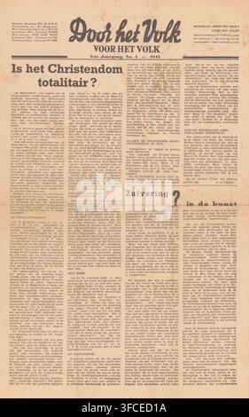 By the People for the People, newspaper, Four pages (1 double-folded sheet of paper), weekly, 1st year no. 4. Dated, b.: 1945., publisher: Stichting Het NCEE, Amsterdam, 1945, paper, printing, height 45 cm x width 30 cm, Liberation of the Netherlands (1945), post-war reconstruction, Netherlands, Period., A full-page printed layout with a large decorative title centered near the top and a secondary bold heading underneath, followed by a prominent large headline spanning the upper left area. The page is divided into multiple narrow columns filled with dense printed paragraphs, separated by thin Stock Photo