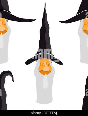 Goose in witch hats seamless pattern. Halloween character background, vector illustration. Stock Vector