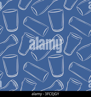 Seamless beer glass pattern in white line art on blue background, beverage and pub culture theme, repeating textile or packaging design, vector Stock Vector