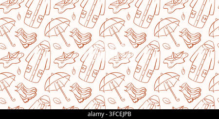 Seamless autumn rain pattern with raincoat umbrella boot and paper boat in hand drawn line art style. Weather seasonal background. illustration for Stock Vector