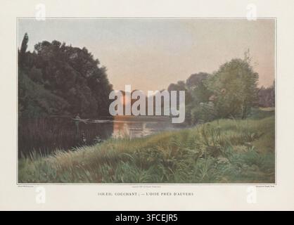 Reproduction of a painting of a sunset over a lake near Auvers by Alfred Wahlberg, Soleil couchant - l'oise près d'auvers, reproduction, page, photomechanical print, maker: Goupil & Cie., Paris, after painting by Alfred Wahlberg, publisher: Boussod, Valadon & Cie., c. 1885 - in or before 1901, paper, four-color autotype, height 211 mm x width 330 mm, sunset, lake, Auvers-sur-Oise., A landscape showing a river bordered by grassy banks and dense trees, with a glowing round sun low near the horizon partially hidden by distant treetops, a reflection of the sun visible on the water, a small rowboat Stock Photo
