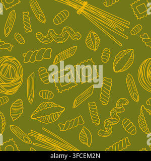 Pasta seamless pattern with spaghetti, penne, ravioli, fusilli, gnocchi, conchiglie, tagliatelle. Stock Vector