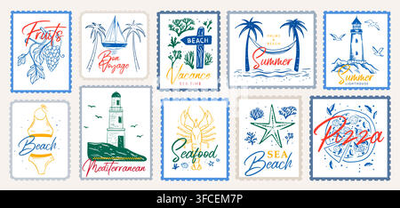 Set of hand drawn summer mediterranean posters. Set of vacation in Italy vector posters. La Dolce vita postamps, placard, cards template elements.  Stock Vector