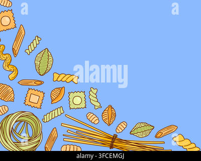 Doodle pasta corner border shell pasta arranged along the left and bottom edges.  Stock Vector