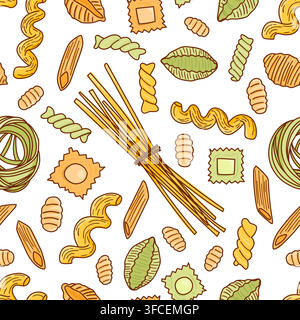 Assorted Italian pasta seamless pattern. Food pattern for packaging, restaurant branding, kitchen textiles,  Stock Vector