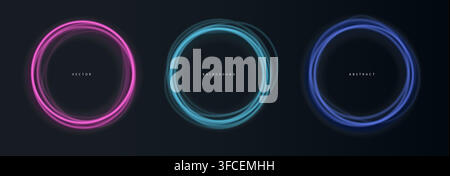 Pink blue neon circle lights background. Futuristic technology in modern style. Round equalizer. Vector circular banner. Stock Vector