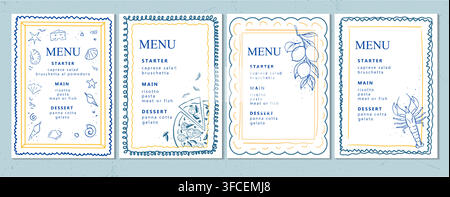 Collection of vector banners for restaurant or bar menu. Summer mediterranean template design. Hand drawn whimsical illustration with sea food.  Stock Vector