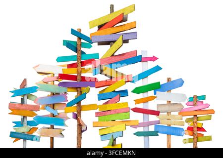 Collection of colorful wooden direction arrow signs on a white background Stock Photo