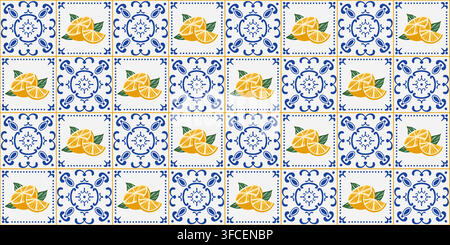 Mexican or Mediterranean blue seamless pattern. Tiles vector illustration. Background modern mosaic motif ornaments. Creative ceramic design element. Stock Vector