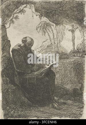 Monk in a cave, print, A monk sits reading a book at the entrance of a cave. In front of him a crucifix, a skull and books. In the background two palm trees on a hill., inscription: 'Van der Kellen 3 staat', printmaker: David van der Kellen (1804-1879), 1814 - 1859, paper, etching, drypoint, etching and drypoint, height 99 mm x width 68 mm, reading, crucifix, personal devotion, monk(s), friar(s)., A monochrome etching shows a seated bearded man in robes leaning forward while holding an open book, his head bowed and hair tied at the back. He sits within a rough rocky opening that frames a Stock Photo