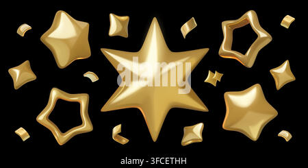 3D gold stars set and holiday confetti luxury design elements isolated on black background Stock Vector