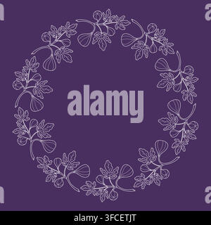 Fig Branch Botanical Wreath. White Line Art Frame with Ripe Fruit and Leaves on Dark Purple. Round Border Hand Drawn with Empty Copy Space Center Stock Vector