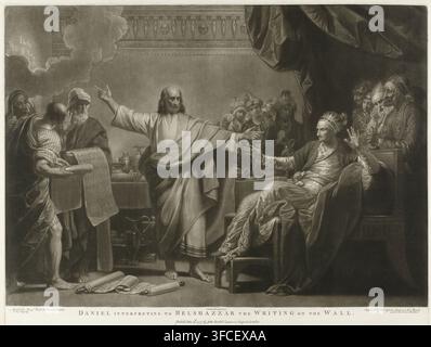 Daniel interpreting to Belshazzar the writing on the wall, print, printmaker: Valentine Green, after painting by Benjamin West, publisher: John Boydell, London, 1777-05, paper, mezzotint, height 510 mm x width 659 mm, Daniel, when brought before King Belshazzar, interprets the writing on the wall., A large grayscale scene showing a central standing man with long hair and a robe extending his arms toward a seated figure wearing ornate headwear and layered drapery; a group of people cluster around both figures with varied head coverings and expressive gestures, some leaning forward and some Stock Photo