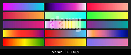 Metallic holographic rainbow gradient swatch texture showcase vibrant pastel palette shimmer vector illustration set. Stock Vector
