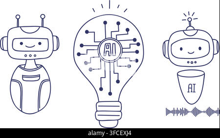 Cute Robot AI Assistant and Smart Lightbulb Set. Line Art. Artificial Intelligence Innovation, Voice Recognition and No-Code Idea Generation. Vector O Stock Vector