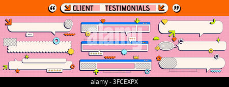 This testimony layout pack has an orange quote banner on top and a pink grid background. Inside are three stacked browser window callouts with star ratings and a small chat bubble.  Stock Vector