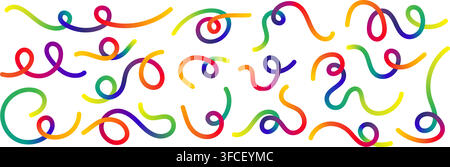 Wavy squiggle rainbow gradient color line create dynamic abstract curve vector illustration set. Stock Vector