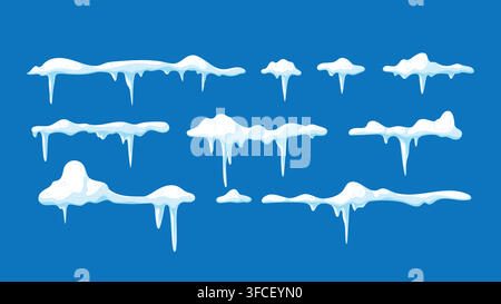 Snow caps set. White snow caps, snowdrifts, snow pile and icicles isolated on blue. Snowy elements on winter background. Winter elements decorations Stock Vector