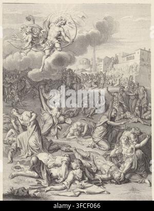 Apollo and Diana kill Niobe's children, print, Apollo and Diana fire arrows from a cloud at Niobe's children to punish her. Niobe's sons and daughters lie dead on the ground. Others are still trying to escape their fate., printmaker: Bernard Picart, Amsterdam, 1733, Bernard Picart, printmaker, paper, etching, engraving, height 234 mm x width 177 mm., A detailed monochrome engraving showing a dramatic scene with a few winged figures floating on clouds near the top, one holding a bow and another with flowing hair and a smaller bow; beneath them a crowded landscape of many people in various poses Stock Photo