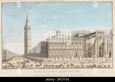 View of the Cathedral of Seville, Gde. rue de Seville, print, optical print, watermark, printmaker, Paris, France, paint (coating), paper, watercolor (paint), etching, brush, colored etching, height 268 mm x width 407 mm, church (exterior), street (+ city(-scape) with figures, staffage), stock exchange, stock-market, Andalusia, Seville, Cathedral of Seville., A wide horizontal scene showing an expansive plaza with a large ornate building complex along one side, including a tall slender tower with a pointed top and a dome visible behind the central block; the main façade of the complex displays Stock Photo
