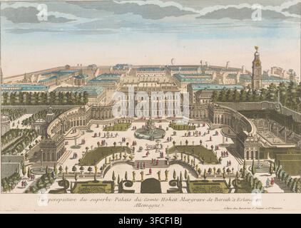 View of the palace of the Margrave of Bayreuth in Erlang, Vue du palais du comte hoheit a Erlang en Allemagne, print, optic print, watermark, publisher: Basset, Paris, France, 1700 - 1799, printmaker, paint (coating), paper, watercolor (paint), etching, brush, colored etching, height 288 mm x width 419 mm, palace, Germany., A wide aerial view of a grand palace complex with formal gardens fills the scene, showing an ornate central building with classical facades and a large curved colonnade extending on both sides toward symmetrical wings; in front of the main building a spacious terrace and pa Stock Photo