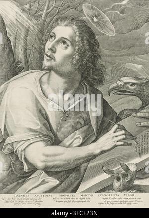 Ioannes Apostolvs Propheta Martyr Evangelista Virgo., The Evangelist John, Four Evangelists, print, Bust of the Evangelist John writing his Gospel. Next to him his attribute is the eagle. In the margin a six-line caption, in three columns, in Latin. Print from a series of four with the evangelists., printmaker: Crispijn van de Passe (I), Cologne, after painting by Gortzius Geldorp, 1607, North Rhine-Westphalia, paper, engraving, height 420 mm x width 308 mm, John the Evangelist writing the Gospel, usually the eagle present., A detailed black-and-white engraving of a man with curly shoulder- Stock Photo