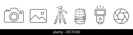 Photography Line Icon Set. Editable Stroke. Stock Vector
