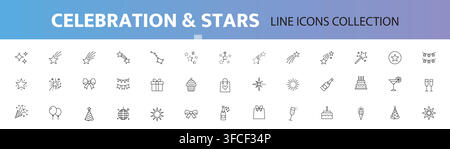 Celebration and Stars Line Icon Set. Editable Stroke. Stock Vector
