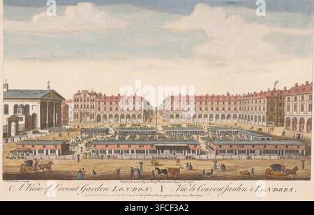 A view of Covent Garden London, View of Covent Garden Market in London, London, print, optical print, watermark, printmaker: Thomas Bowles (II), 1751-08-20, Robert Sayer, publisher, paint (coating), paper, watercolor (paint), etching, brush, colored etching, height 260 mm x width 404 mm, (+ city(-scape) with figures, staffage), Covent Garden Market., A wide open square bordered by a row of tall classical buildings with arched ground levels and red roofs, with a central avenue receding between the buildings toward the horizon; in front of the buildings a rectangular planted area with pathways a Stock Photo