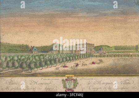 View of the Château de Villette in the vicinity of the city of Paris, 1st. Vue du Chateau de Villette, print, opticaprent, Numbered in the title: 1., publisher: anonymous, after drawing by unknown, 1700 - 1799, printmaker, paint (coating), pasteboard, paper, prepared paper, watercolor (paint), deck paint, etching, brush, cutting, perforating, colored, cut and perforated etching pasted on cardboard, prepared paper and brush in colors on the verso, height 274 mm x width 446 mm, garden, castle, ornamental plants, Condécourt, Château de Villette., A wide landscape scene dominated by a pale sky gra Stock Photo