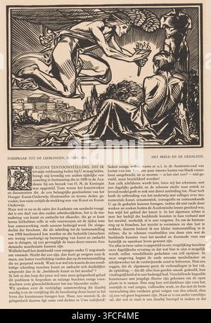 The Image and the Thought (original title on object), illustration, print, A winged woman floats through the air and brings a burning torch to a seated man. On the left in the background, a classical temple. On the right in the background, a statue., printmaker: Johannes Josephus Aarts, printer (person): Kasteel van Aemstel, 't, 1924 - 1925, Johannes Josephus Aarts, Kasteel van Aemstel, printer (person), paper, woodcut, letterpress printing, woodcut with text in letterpress, height 183 mm x width 247 mm, torch, fabulous beings with wings - AA - female human figure., A large rectangular black- Stock Photo