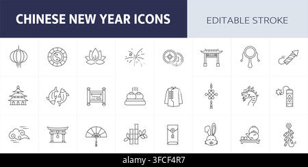 Chinese New Year Line Icon Set. Editable Stroke. Stock Vector