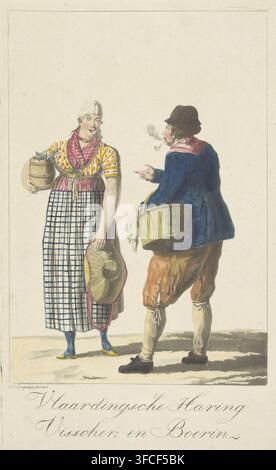 Vlaardingen Herring Fisherman, and Farmer's Wife, Vlaardingen fisherman types, print, A fishmonger and fishwife are having a conversation. The woman on the left is carrying a small barrel of fish and a straw hat. The pipe-smoking man on the right has a basket on his arm., printmaker: Jan Anthonie Langendijk Dzn, 1816, Jan Anthonie Langendijk Dzn, printmaker, paper, color aquatint, aquatint in colors, height 222 mm x width 135 mm, )., A standing woman and a standing man face each other on a plain light background. The woman wears a patterned top with a shawl crossed at her chest, a long checked Stock Photo