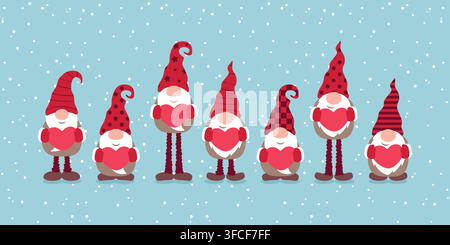 cute dwarf holding hearts on snowy background christmas greetings vector illustration Stock Vector
