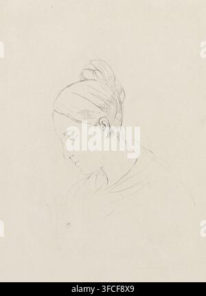 Head of a young woman, print, Head of a young woman with a headscarf. She has her eyes downcast and bows her head slightly forward., printmaker: Cornelia Marjolin-Scheffer, Paris, 1845 - 1899, paper, chine collé, etching, etching on chine collé, height 182 mm x width 133 mm, head bent forward, bowing - AA - female human figure., A delicate pencil sketch of a woman in profile facing left, her hair gathered into a bun at the back of her head, with soft, fine lines indicating hair strands and shading; her facial features are gently rendered with closed or downcast eyes, a defined nose, and a Stock Photo