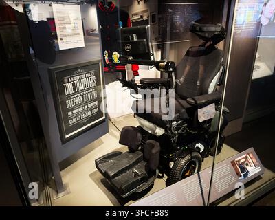 Manchester, UK - July 02, 2026: Historic power Stephen Hawking wheelchair displayed in a Manchester museum exhibit highlighting mobility, accessibilit Stock Photo