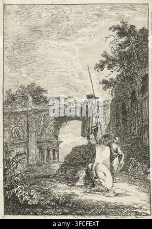 Triumphal arch, Roman faces, Les Soireés de Rome, print, Three men by a Roman ruin, one standing on a fragment of a decorative frame. In the background a Roman triumphal arch. Eighth print from a series of ten., printmaker: Hubert Robert, Rome, 1763 - 1766, paper, etching, height 136 mm x width 95 mm, landscape with ruins., A detailed pen-and-ink scene shows a ruined stone arch and classical architecture with carved ornamentation on the left, overgrown with vegetation, and a large column fragment and carved stone pieces in the foreground. A robed figure wearing a wide-brimmed hat stands on a Stock Photo