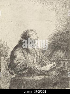 Philosopher, print, printmaker: Ferdinand Bol, Amsterdam, 1642, paper, etching, drypoint, etching and drypoint, height 210 mm x width 165 mm, scholar., An etching showing a seated older man with a full curly beard and thinning hair, wearing a heavy fur-lined garment, hunched over and holding an open book with visible pages; his hands rest on the book and one hand turns a page. The scene includes a table surface with draped cloth and a round object with a handle nearby, and there is dense cross-hatched shading around the figure creating a textured background while the upper area of the image Stock Photo
