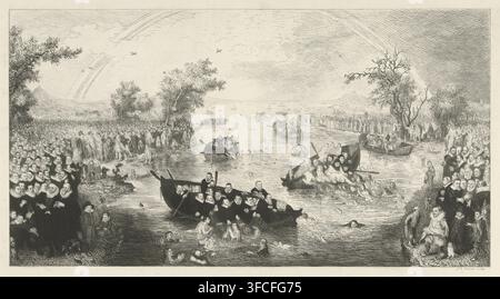 The Fishing for Souls, after the painting by Adriaen Pietersz. van de Venne, 1614, print, The Fishing for Souls: allegory on the jealousy of the various religions during the Twelve Years' Truce between the Dutch Republic and Spain. In a river landscape, large groups of people are situated on both banks of the river; on the water are several rowboats. On the horizon, a rainbow. On the left side are the Protestants and their supporters, the Princes of Orange, Maurice and Frederick Henry, Frederick V of the Palatinate, James I, King of England, and the youthful Louis XIII, King of France, with hi Stock Photo