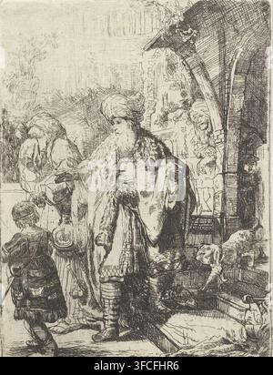 Abraham banishes Hagar and Ishmael, print, Abraham sends Hagar and Ishmael away. (Gen.21:14). Hagar covers her face. In the porch of the house stands the laughing Sarah with her son Isaac., printmaker: Maria Boortens, Netherlands, after print by Rembrandt van Rijn, after print by Jan Ruyscher, after 1637 - 1678, Rembrandt van Rijn, Jan Ruyscher, paper, etching, drypoint, etching and drypoint, width 97 mm x height 130 mm, Hagar and Ishmael (often with bow and arrow) depart., A detailed monochrome etching shows a central figure wearing a long fur-trimmed cloak and a turban, standing with an Stock Photo