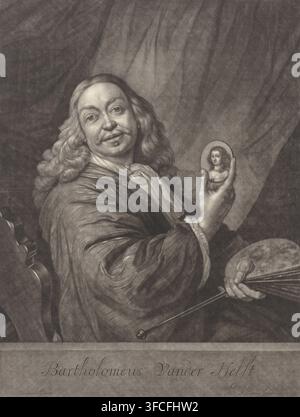 Portrait of Bartholomeus Van der Helst, print, Portrait of the painter Bartholomeus van der Helst, holding a miniature portrait of his wife Constantia Reynst in his right hand., printmaker: Abraham Bloteling, Amsterdam, after painting by Bartholomeus van der Helst, 1652 - 1690, paper, mezzotint, engraving, mezzotint and engraving, height 555 mm x width 422 mm, Person, Constantia Reynst, portrait, self-portrait of painter, palette., A seated person with long wavy hair and a mustache and goatee looks toward the viewer while holding a small oval portrait in one hand and a palette and brushes in Stock Photo