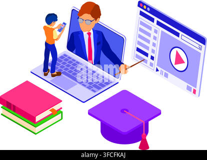 Online education or distance exam with isometric character internet course e-learning from home man studying on tablet laptop with teacher isometric e Stock Vector